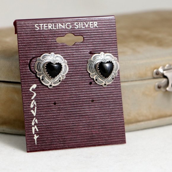 Sterling Onyx Heart Post Earrings - Picture 3 of 4